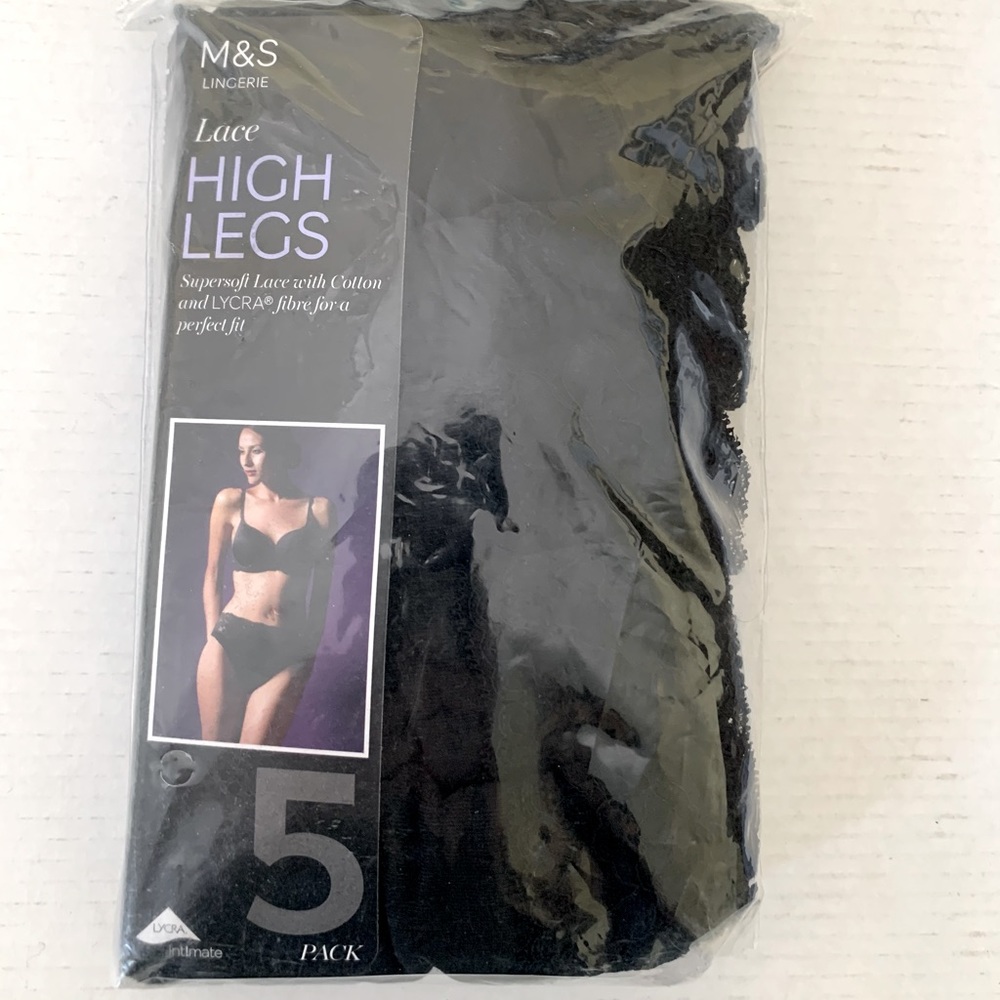 English Marks & Spencer brand 1 pack of 5 black cotton panties with lace US 10